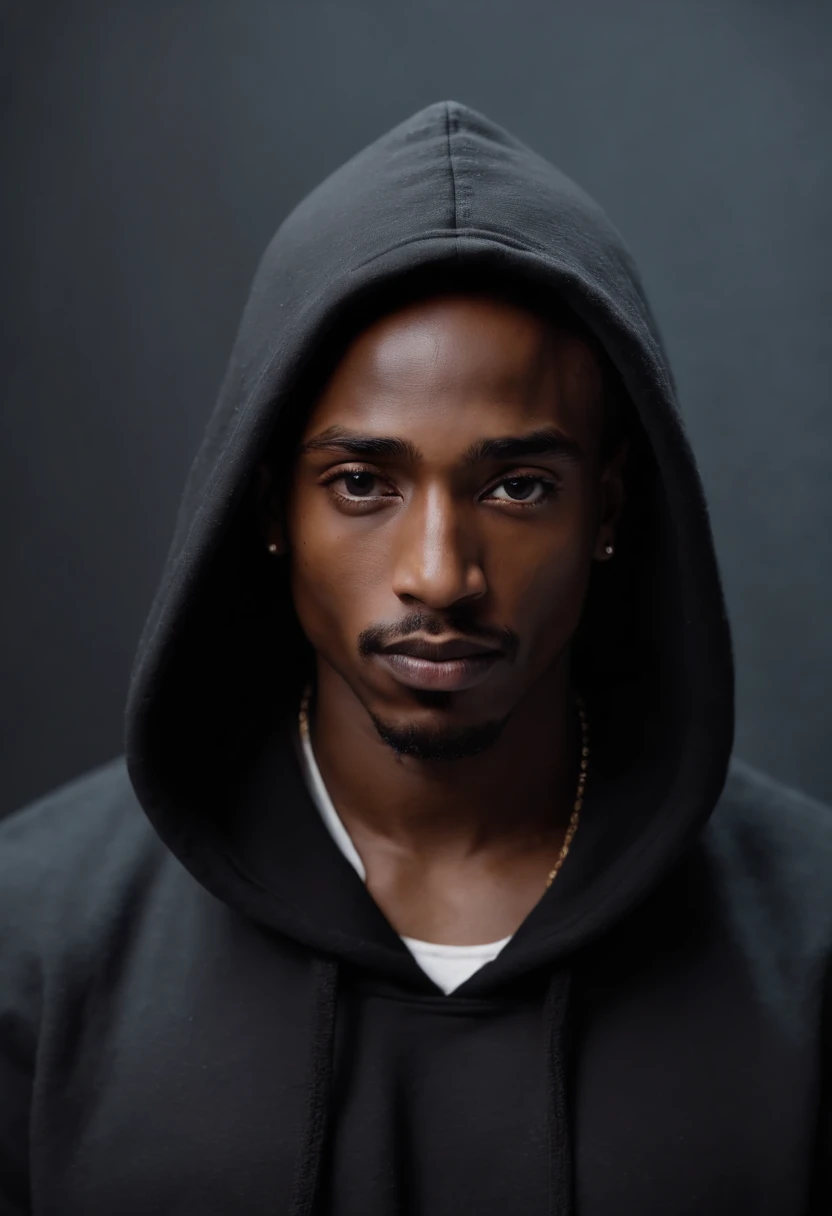 Tupac Shakur in dark ambient looking straight, wears black oversize hoodie, artistic pose. for a poster, realistic details, 4k