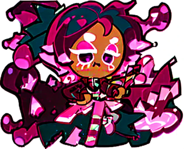 Black Cherry Butterscotch Lemonade Cookie playing Piano Guitar, Dark Pink Hair, medium hair, curly hair, hair over one eye, Blue Green Tracksuit, Surrealism, UHD, 16k