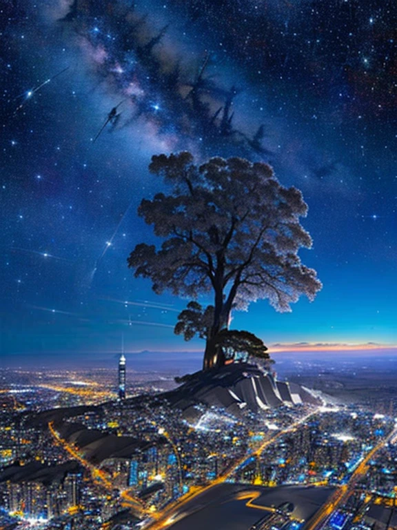 Octanos, el cielo, estrella (el cielo), escenario, Un cielo estrellado, la noche, 1 chica, cielo nocturno, solo, aire libre, firma, edificio, Nube, the Milky Way, asiento, a tree, Cabello largo, La ciudad, silueta, paisaje urbano