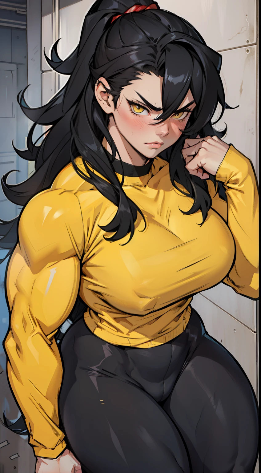 1girl solo black hair yellow eyes very long hair pale skin muscular muscular muscular muscular toned body huge muscles thick thighs girl tight clothes angry blushing messy hair leggings tight shirt long sleeves thick thick thick thick thick thick