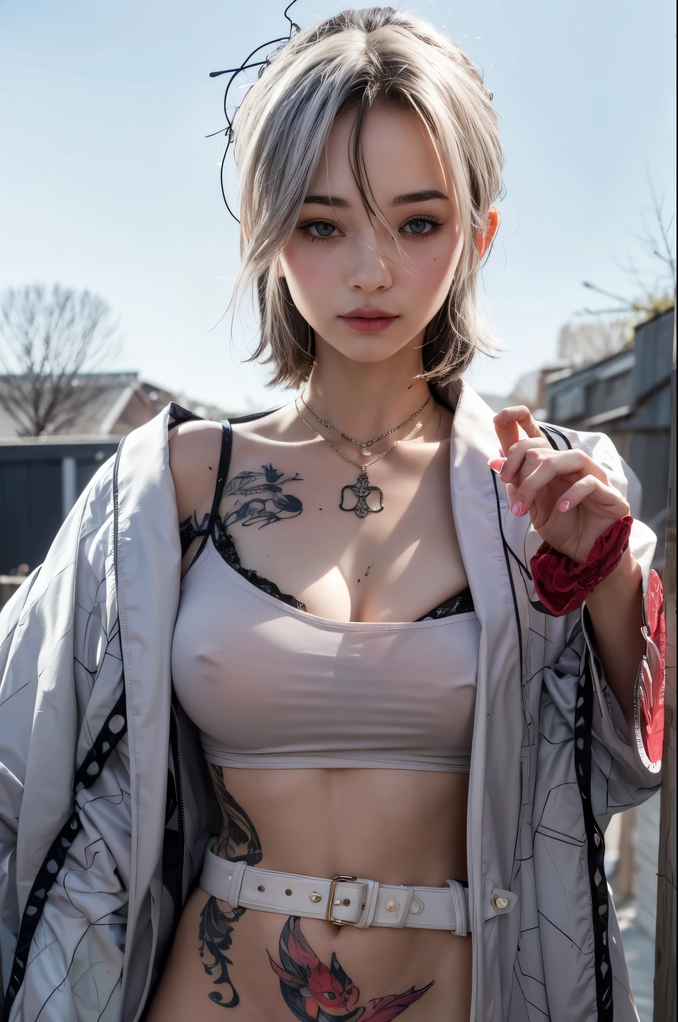 Cute girl with tattoos and a gray top and a white jacket, white haired deitail, seductive cute girl, full body, girl style, realistic
