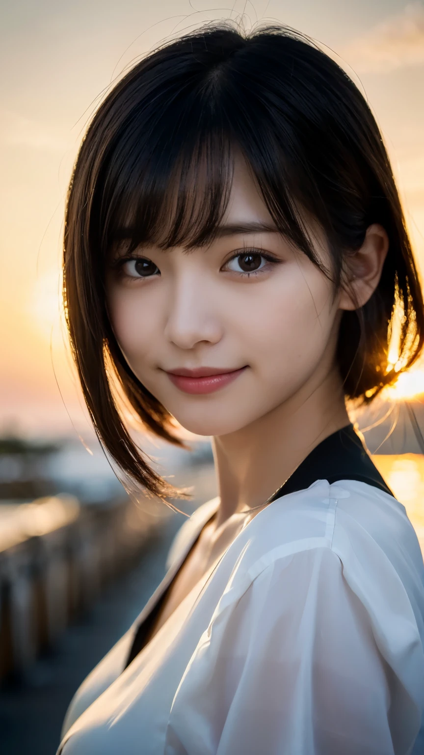 8k, (超Realistic: 1.35), (Realistic: 1.4), A beautiful Japanese woman, smile, One person, light makeup, masterpiece, 超High resolution, High resolution, One person, nude、 Puberty, One personの少女, ((Perfect body)), ((Best image quality)), ((Hello)), ((Very delicate and beautiful)), ((Very shallow depth of field)), Hmph, ((Incredibly shallow depth of field. Familiar)), (((Very delicate and beautiful))), (((Very shallow depth of field))), Hmph, (((Unbelievably absurd))), (((Perfect body))), (((Looking into the camera)))), (((Normal size breasts))), (((Serious face))), (((Hair can be long or short))), myself+background, Dynamic Angle, Focus on women, {Particles of light}、 詳細なbackground、((Paul Hedley))、Soft lighting、(dramatic)sunset、sunset、とても美しいsunset、Live Action、Genuine、Top Angle、かわいいsmile、(backgroundぼかし)、、thin、((Wind))、((Movement))、((emotion))、((colorful))、((Baby Face))、((Beautiful Teeth))、穏やかな海のbackground。