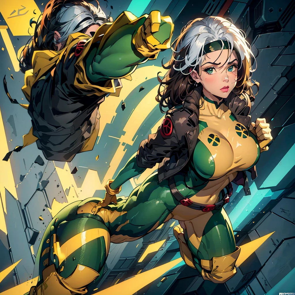 Rogue green eyes, single braid, medium breasts | big breasts, blush, (((Obra maestra))), (((La mejor calidad))), ((Ultra detallado)), (Highly detailed CG illustration), ((un extremadamente delicado y hermoso)), cinematiclight,((1chica)), solamente, (Parte trasera del cuerpo), (Enfoque del personaje), absurdos, alto contraste, Extremadamente detallado, De color, highest detailed, Science-Fiction, cuerpo delgado, , Amplio cofre de oso, add detail, ojos verdes