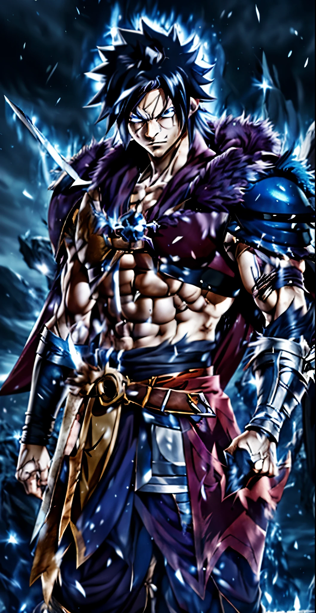 a cartoon of a man with a sword and a cape on, handsome guy in demon slayer art, wearing intricate fur armor, male barbarian, highly detailed exquisite fanart, detailed anime character art, detailed character art, male warrior, detailed full body concept, picture of an adult male warrior, anime character; full body art, furry chest, caleb from critical role, ultra instincr, Fairy tail, fairy tail Gray, black hair, blue eyes, scar, Gray Fullbuster