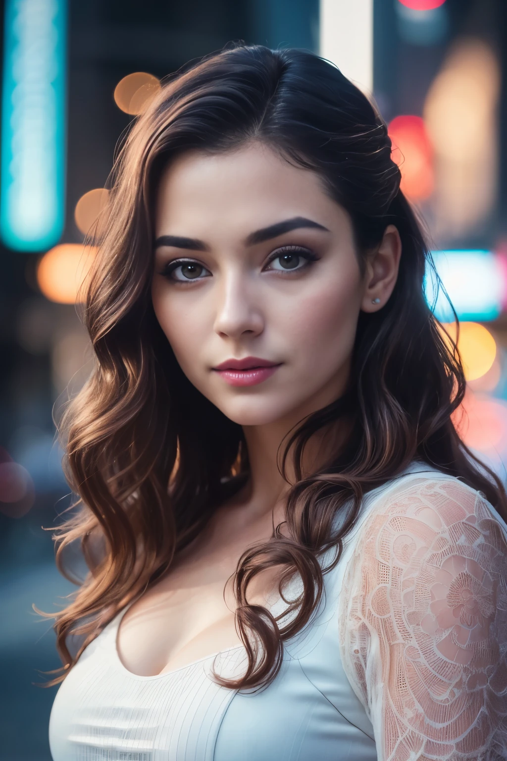 Full face portrait photo of a 25-year-old European girl, RAW, beautiful woman, semi-open strawberry lips, dimples, wistful look, (extra long wavy brown hair), ((detailed face)), ((detailed facial features)), (finely detailed skin), pale skin, (deep neckline detailed high-tech cyberpunk dress), cyberpunk megacity environment, (cool colors), damp, damp, reflections, (masterpiece) (perfect proportion)(realistic photo)(best quality) (detailed) shot on a Canon EOS R5, 50mm lens, F/2.8, HDR, (8k) (wallpaper) (cinematic lighting) (dramatic lighting) (sharp focus) (intricate),RAW photo, gigachad photo, posing for camera, 8k uhd, dslr, high quality, grain film, Fujifilm XT3