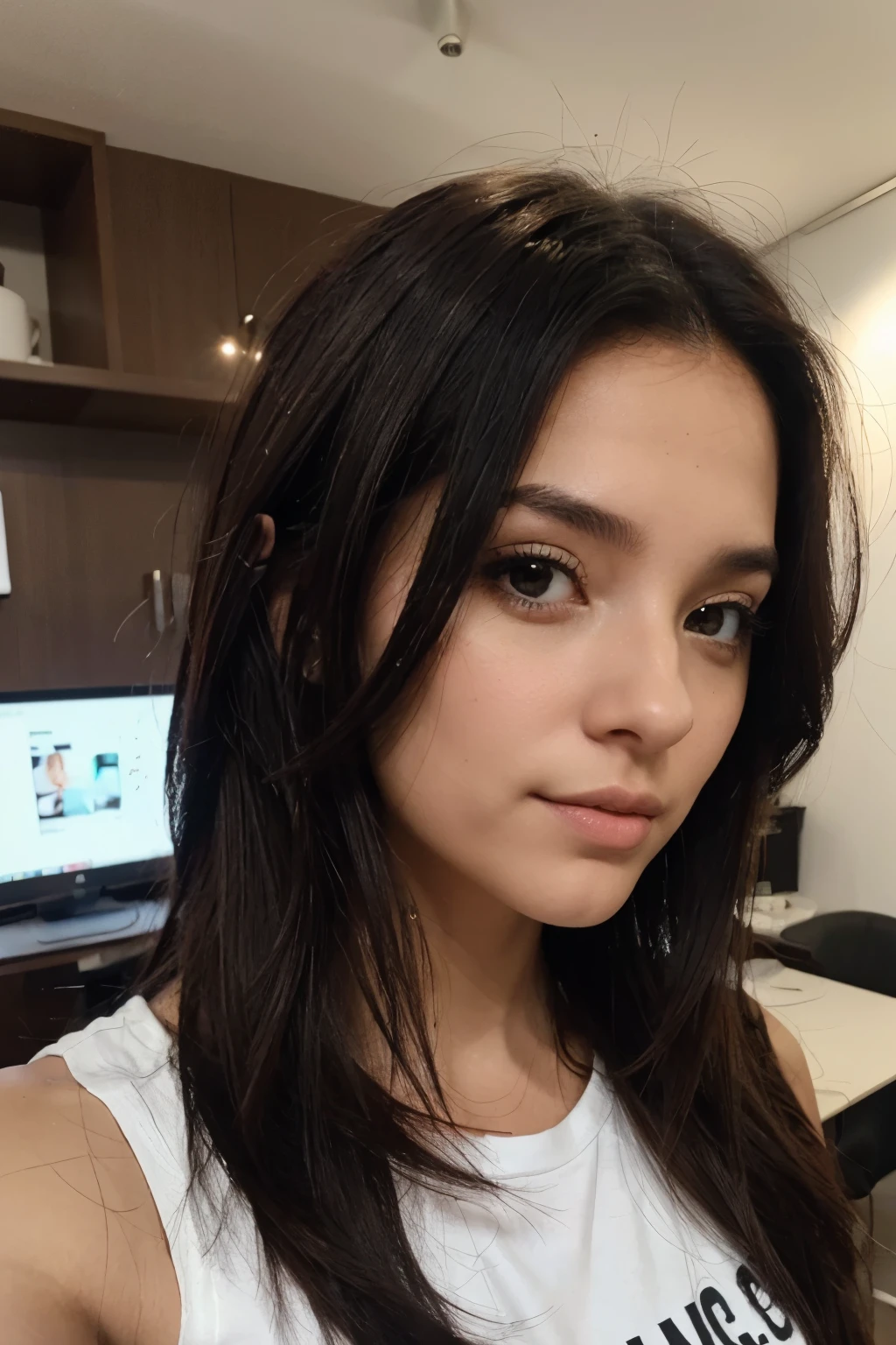 crea una mujer con cabello negro que este haciendo alguna actividad cotidiana, quiza que sea una selfie pero que este bien iluminada, con detalles hiper realistas 
