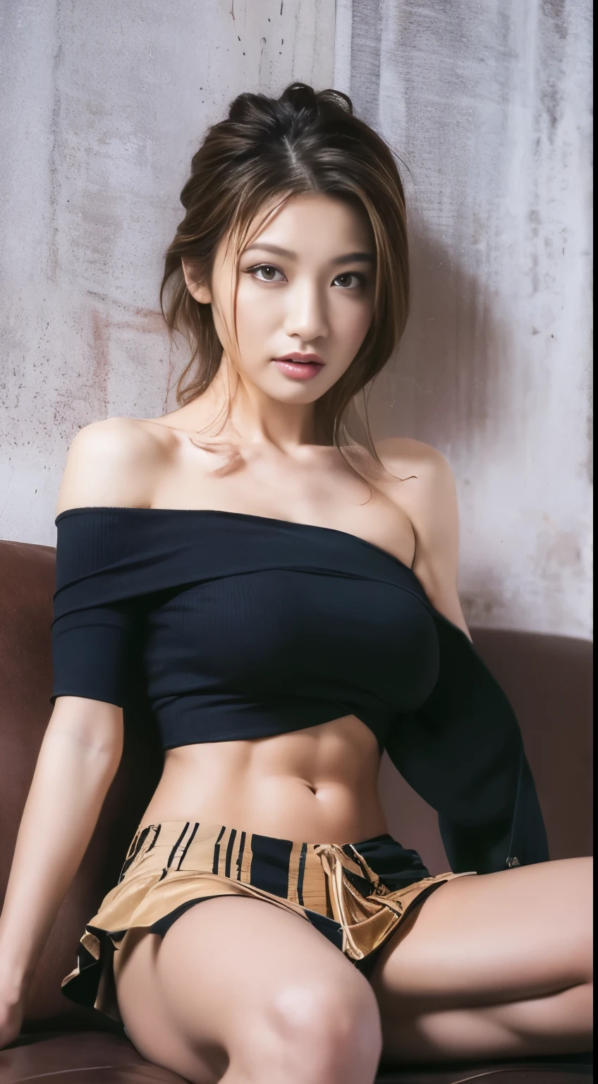 ((best image quality, 8K, master piece:1.3)), 1 girl, Beautiful woman with slender abs:1.3, casual hairstyle, Off-the-shoulder tops，pleated skirt,（Wet and transparent clothes：1.4），Extra-fine face, detailed eyes, double eyelid，（long legs：1.4），（athletic sneakers：1.3），sofa sitting position