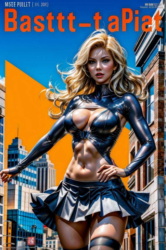 Elisha Cuthbert、Sticking out the navel、newyork、She wears a torn Spider-Man suit,wearing a skirt、abstract photorealistic、(masterpiece、highest quality、High resolution:1.4)、detailed、複雑なdetailed、looking at the viewer, figure, (magazine:1.3), (cover-style:1.3), woman, vibrant,  take a pose, With confidence, Performance, statement,scene, article, cover, bold, to attract attention, title, stylish, Font, catchy, headline, bigger, impressive,