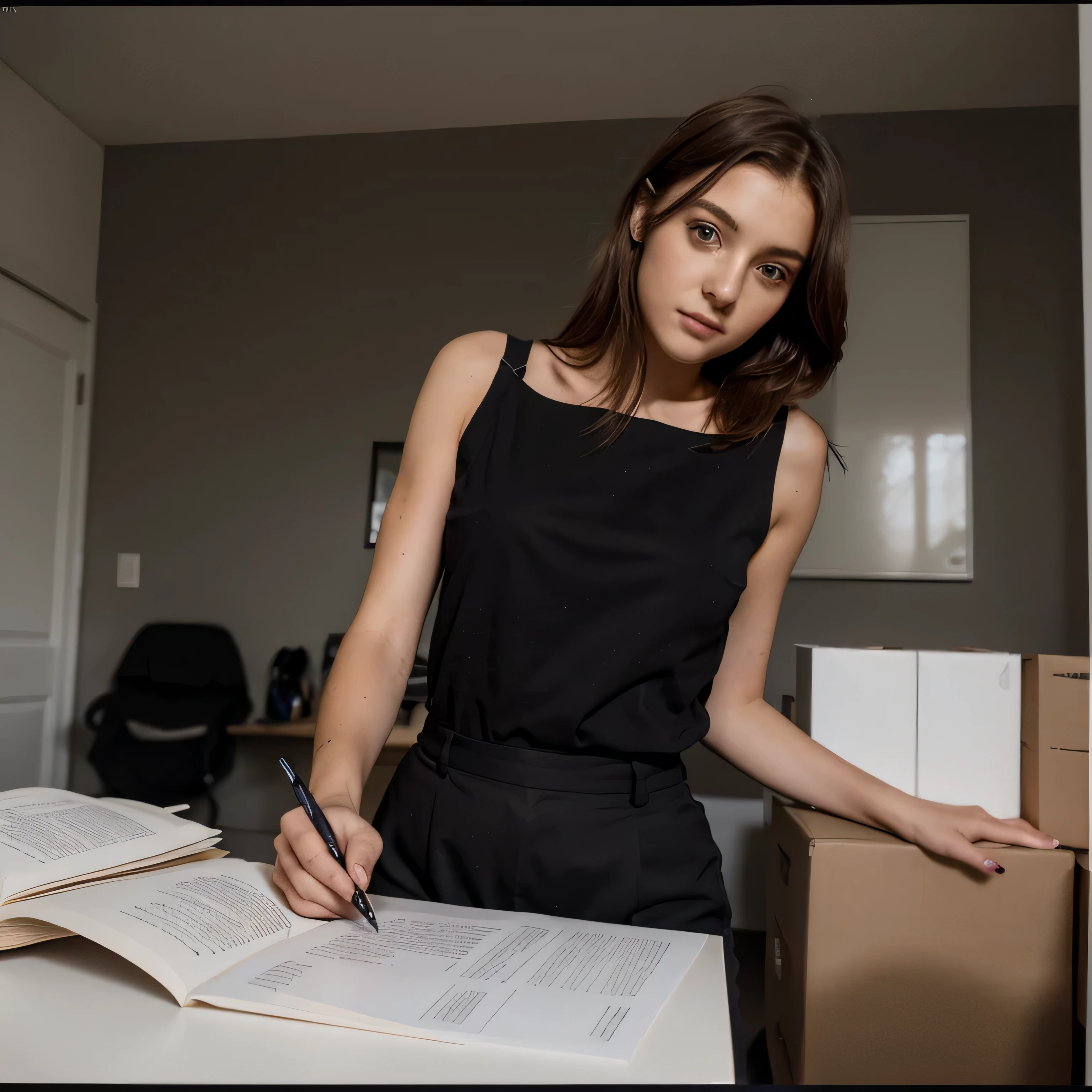 fille de 20 ans, Beau et mignon, cheveux noirs, vêtements de bureau noirs, carte d&#39;identité avec photo, la moitié du corps debout, tournée vers l&#39;avant, fond rouge complet