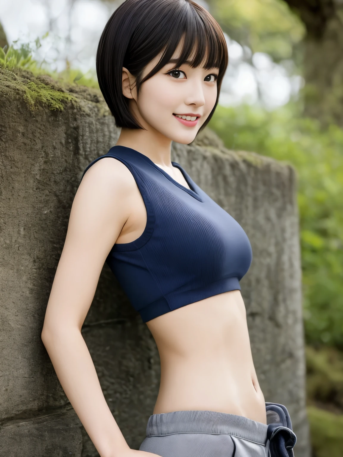 top-quality,masterpiece,Raw photography,8K,Top image quality,hight resolution, 18 years old Japanese female idol ,Beautuful Women,cute Japanese girls, Pretty Woman ,Beautiful face in every detail, aegyo sal ,small head, seductive smile ,Realistic human skin, pale skin ,cut model , Short hair ,bowl cut ,skinny body ,Sweat,t-shirts,rib ,(low rise pants),from side, arched back, face focus ,navel focus