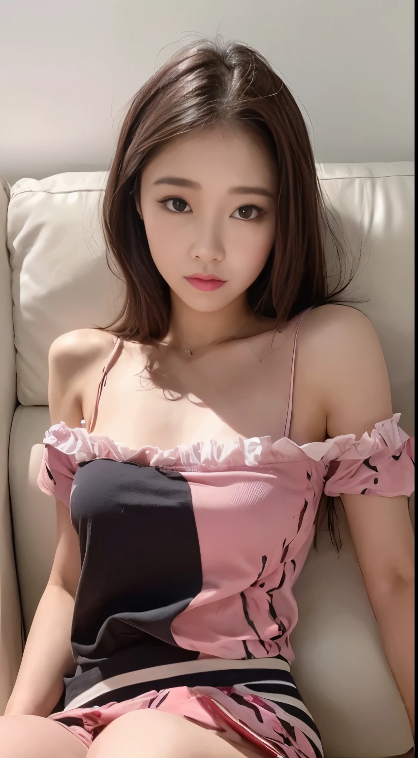 ((best image quality, 8K, master piece:1.3)), 1 girl, Beautiful woman with slender abs:1.3, casual hairstyle, （off shoulder blouse pleated skirt：1.3）,（Wet and transparent clothes：1.4），Extra-fine face, detailed eyes, double eyelid，（long legs：1.4），（athletic sneakers：1.3），Lie down on a sofa