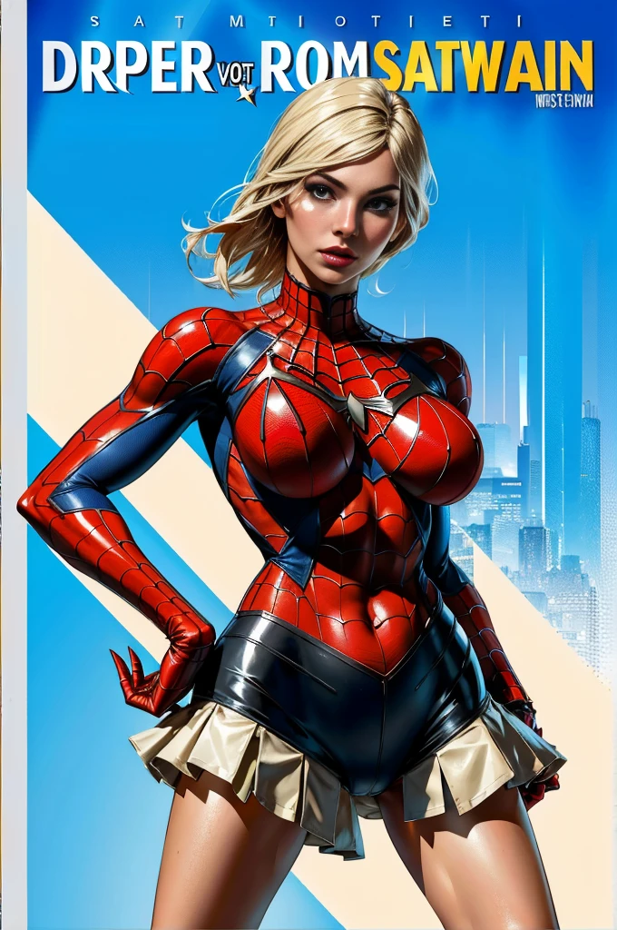 Elisha Cuthbert、Sticking out the navel、newyork、She wears a torn Spider-Man suit,wearing a skirt、abstract photorealistic、(masterpiece、highest quality、High resolution:1.4)、detailed、複雑なdetailed、looking at the viewer, figure, (magazine:1.3), (cover-style:1.3), woman, vibrant,  take a pose, With confidence, Performance, statement,scene, article, cover, bold, to attract attention, title, stylish, Font, catchy, headline, bigger, impressive,