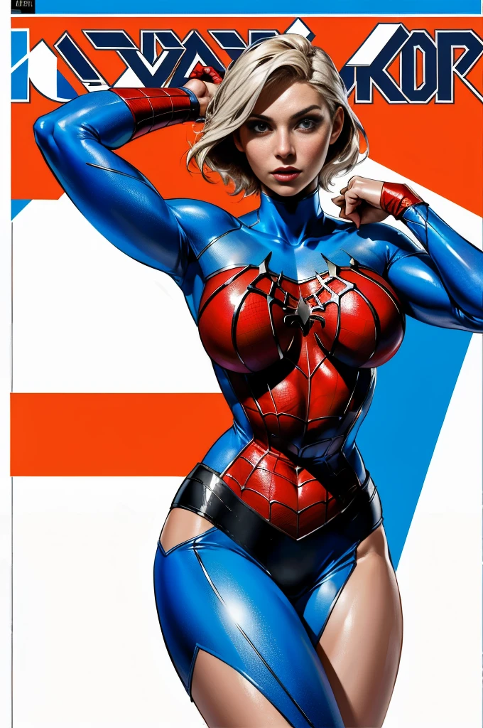 ((Full body photo)). Laura/woman/Chinese (big breasts:1.3) is standing, (Spider-Man/Ultraman hybrid costume with blue jewelry on the breastplate/extremely tight on the body/extremely exhibitionist:1.2)), wearing (red lipstick on the mouth:1.0), she's in a dark alley leaning against a wall, she's looking at the viewer, smiling, posing. She has (very short blonde hair, slick:1.5) and (blue eyes:1.5), Mortal Kombat, anime, framed, symmetry, 16k, best quality, super detail, textured skin, UHD