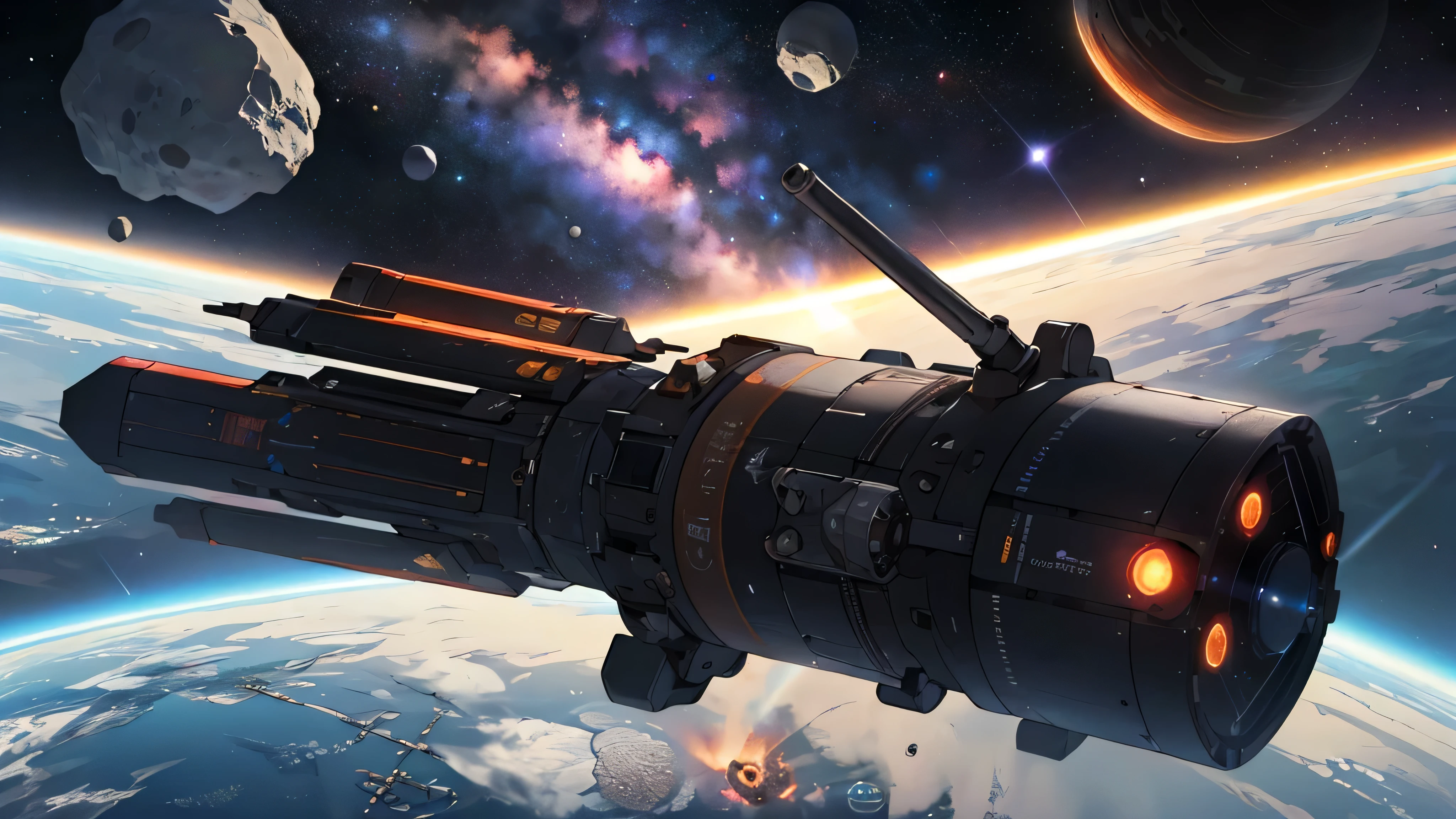 a research platform floating in the middle of the asteroid belt, surrounded by several asteroids that emitted fiery halos. Dramatic lights from distant stars and planets illuminated the scene, casting deep shadows over the spacesuit.