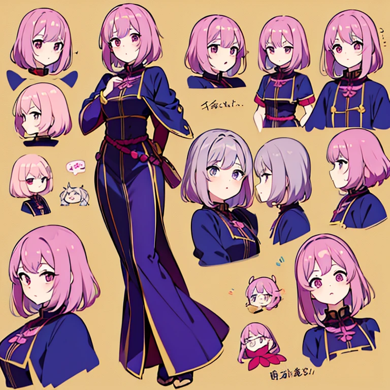 Personagem feminino chinesa,cabelo longo,cheio e ondulado de cor castanho escuro, seus olhos castanhos escuro, cor da pele parda, in anime version, de cores das veste branca, with pink and lilac details, em desenho flores, uma personagem feminina estilo anime e uma mestra de bombas Model sheet.
