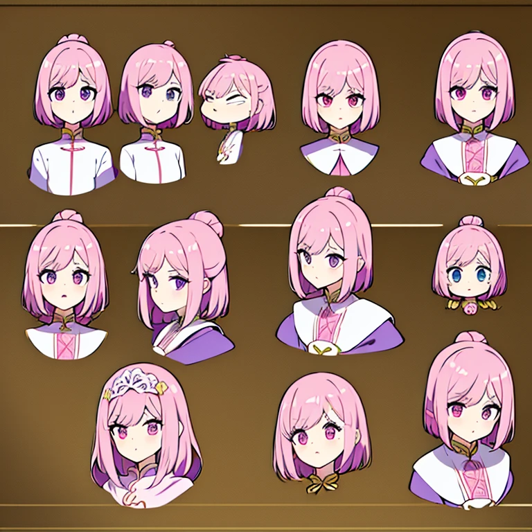 Personagem feminino da china ,cabelo longo,cheio e ondulado de cor castanho escuro, seus olhos castanhos escuro, cor da pele parda, in anime version, de cores das veste branca, with pink and lilac details, em desenho flores, uma personagem feminina estilo anime e uma mestra de bombas Model sheet.