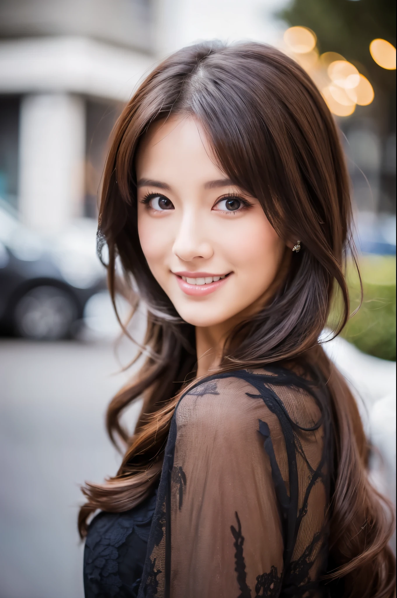 ((Best quality, 8k, Masterpiece :1.3)), 1girl, smiling, full body, slim face, Pretty woman, (Dark brown hair), full length dress :1.1, Ultra-detailed face, Detailed eyes, Double eyelid, blur background, slim face, city, outside, street,