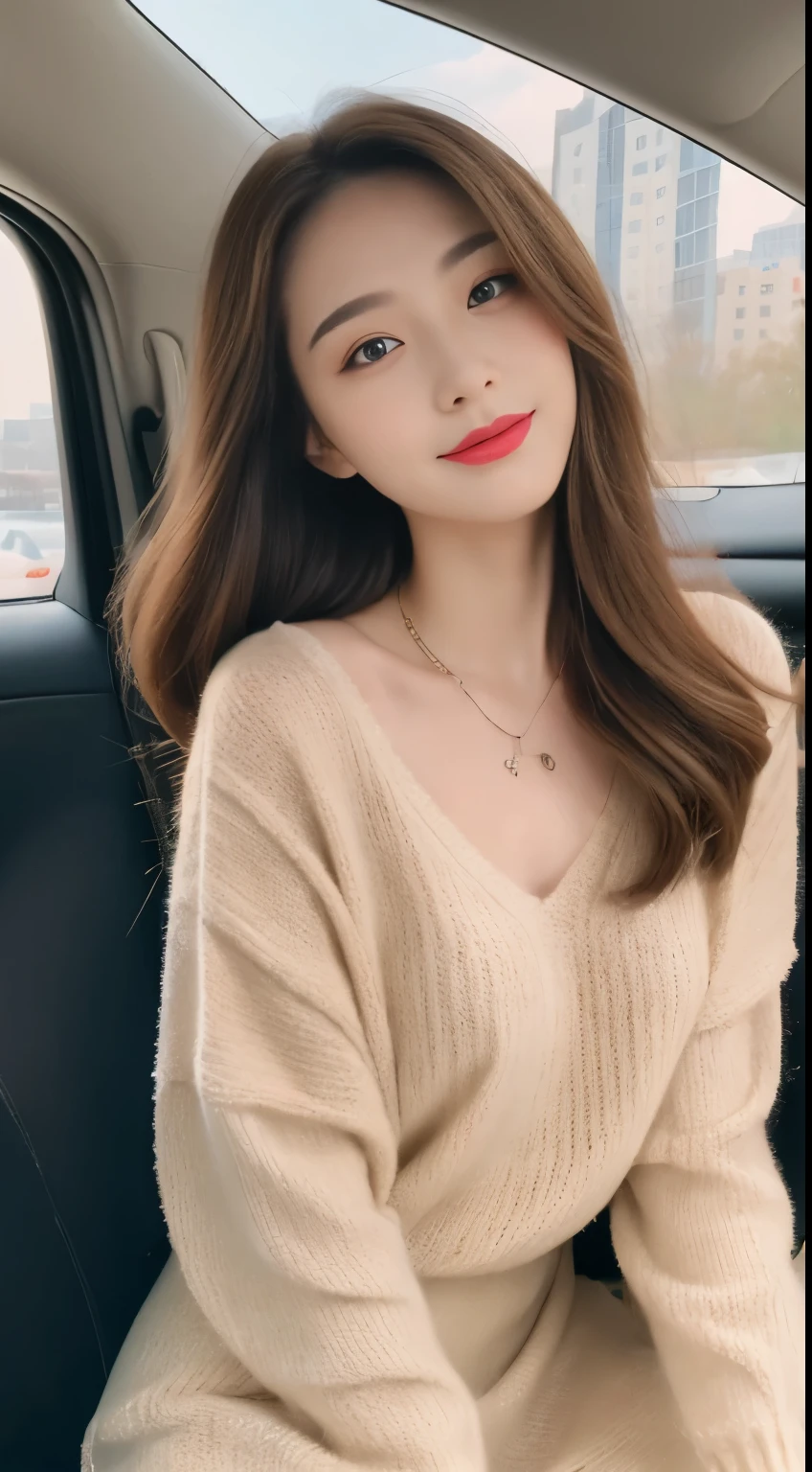((highest quality, 8K, masterpiece:1.3)), concentrated:1.2, perfect body beauty:1.4, buttocks:1.2, ((delicate hair)), (sweater dress:1.1) , (sportscar, street: 1.2), Highly detailed face and skin texture, fine eyes, double eyelid, Whitening skin, big breasts, smile, wearing a necklace, ring, A person sitting in a car with his butt up々,