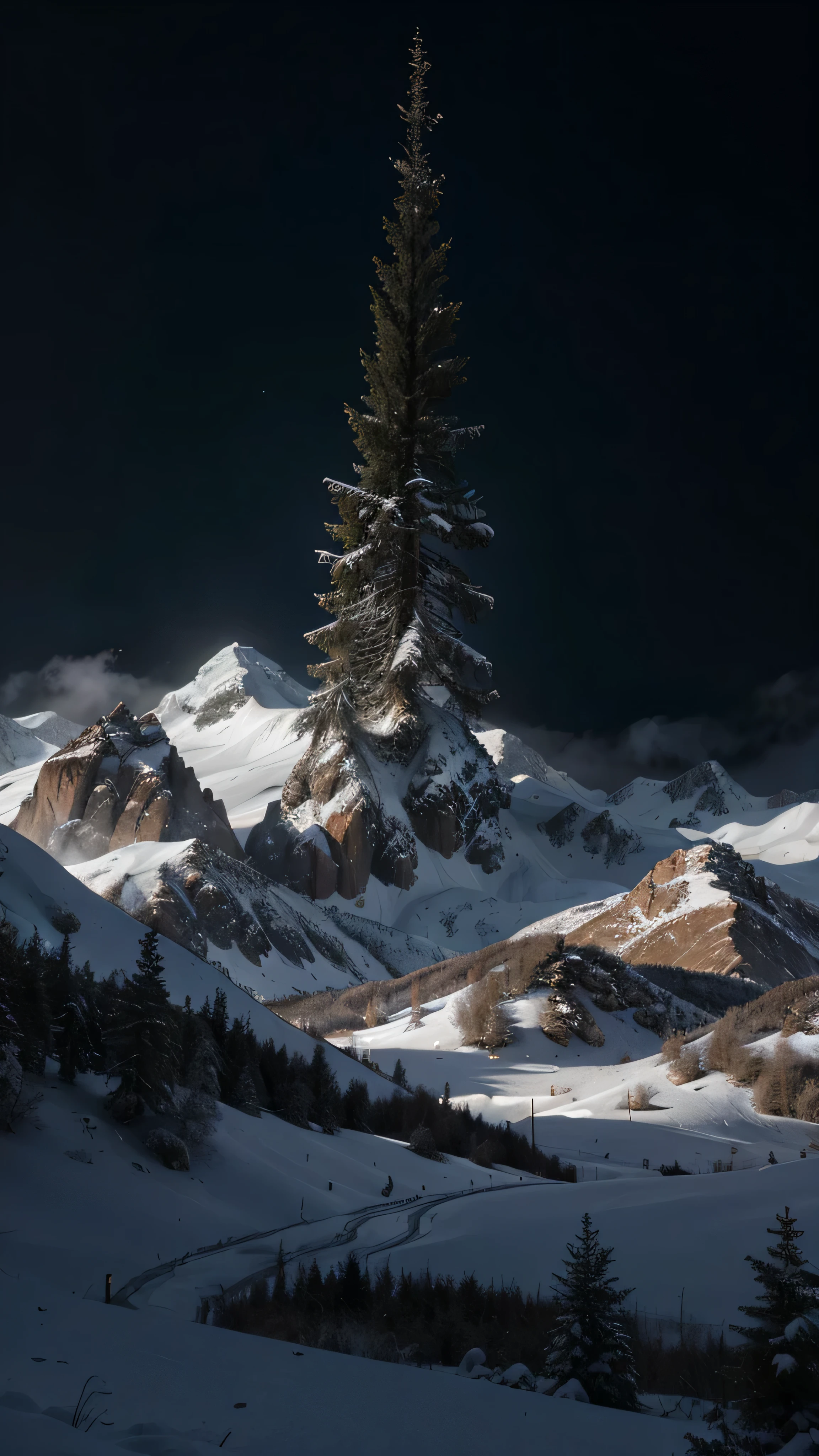 raw photo, black and white big fluffy heart and white snowflakes around, snow-capped mountains and forests behind, , Dark sky, nebula, galaxy, Focus, ultra-high quality, ultra-detailed Focus, high detail, 8K, photorealistic, Dazzling, Rule of thirds, depth of field, complex parts, Conceptual art, bright colors, futuristic design, Attention to detail, grandeur and awe, A stunning visual masterpiece, hard light,