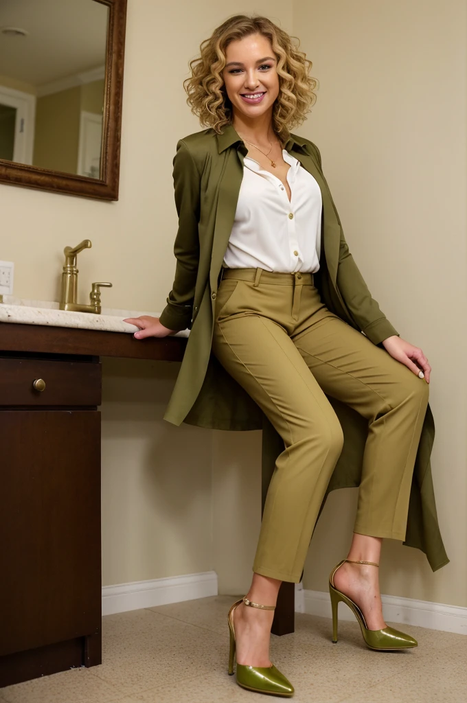 tall blonde, curly hair, olive green business pants and olive green jacket, ((tan 5" heels)), ((tan blouse)), messy bob haircut, ((pee stain)), show heels, heels filled with pee, shins of pants are soaked with pee, pants really soaked with pee, pee stain is shiny wet, inviting smile