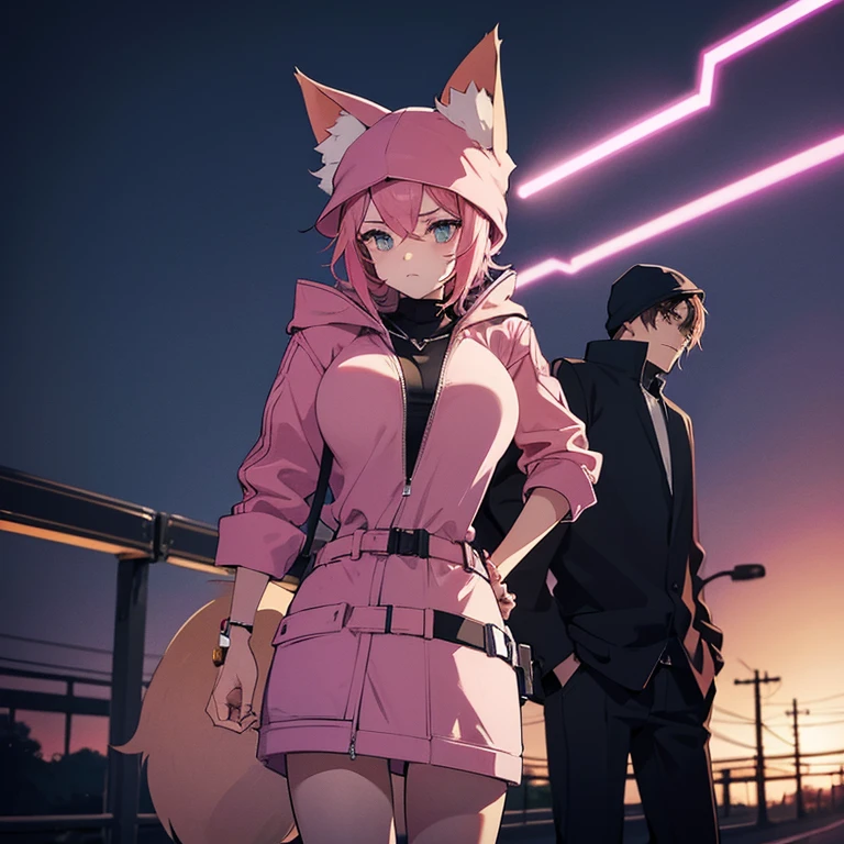 A woman with pink hair, has fox ears, Wear a jacket that covers your head, the woman has big breasts, Standing on the bridge leading to the road at night, Beside him was a man with short black hair, The man's skin color is a little dark.