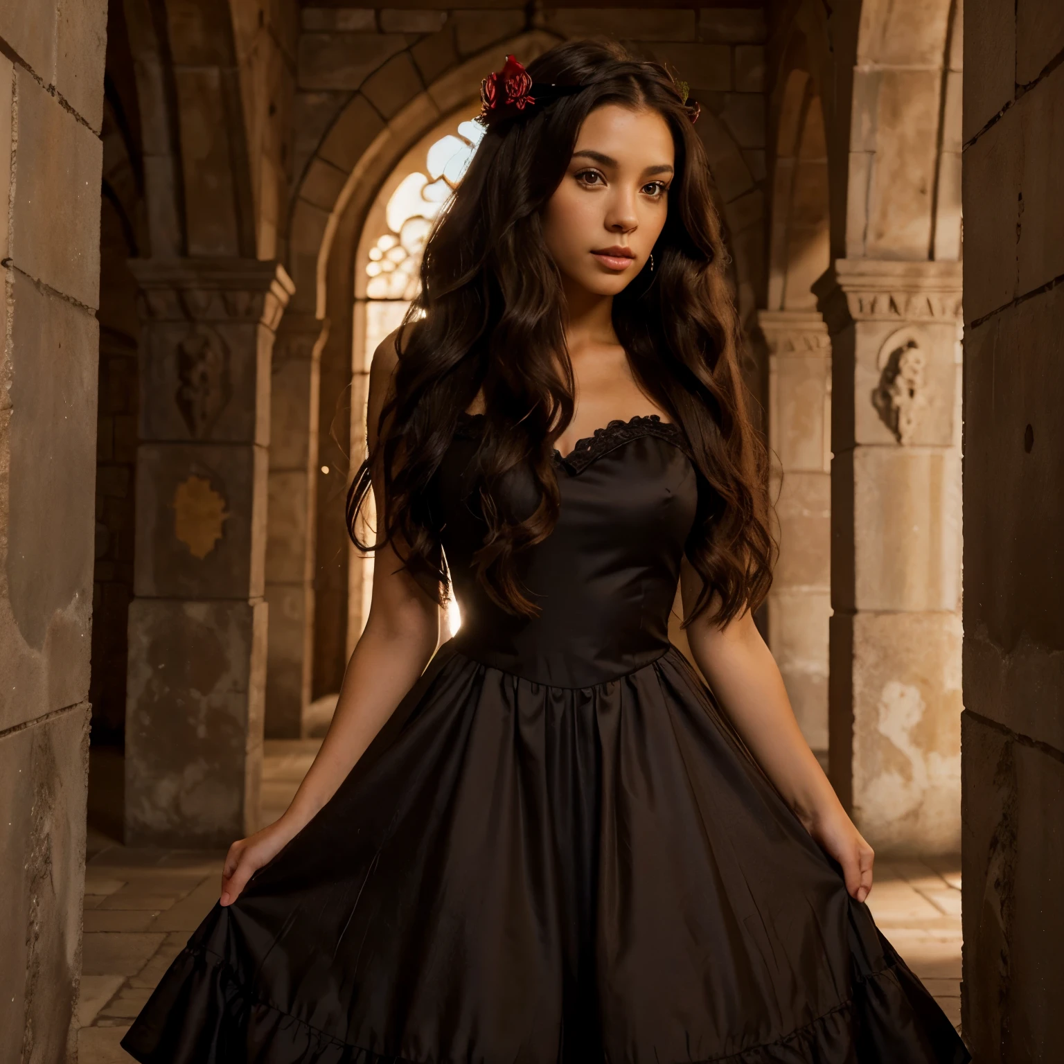 Black lightskin adult girl with dark brown hair dark brown eyes a rose crown a red princess dress and dark brown wavy straight hair and she’s in a castle
