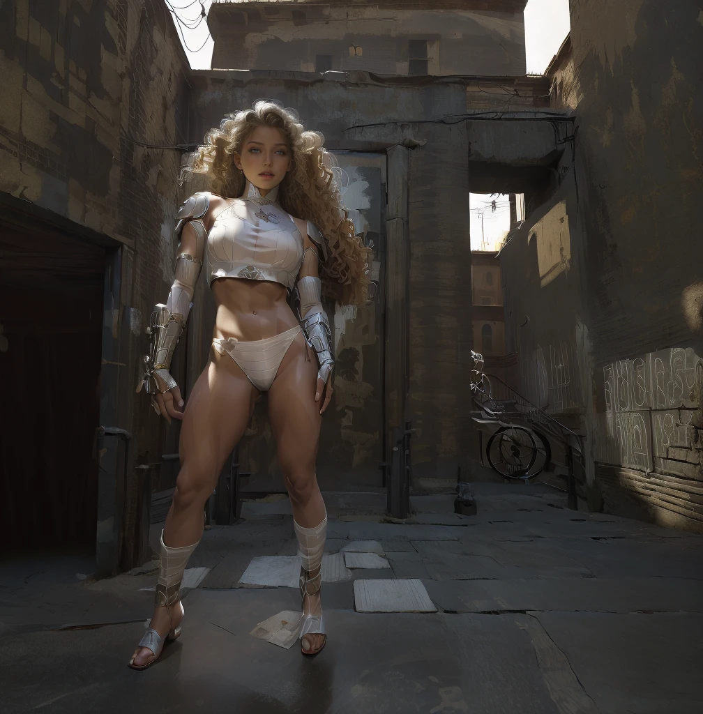 (((of the highest quality: 1.4))),(unparalleled masterpiece ever), (Ultra high definition),(Ultra realistic 8K CG), (((adult body))), (((1girl in))), ((( curly long hair ))), Gladiators with perfect bodies,,Beautiful and well-groomed face,muscular body:1.4,Detailed breastplate, gauntlets、is standing, (Full body image ),(( White Blonde long hair)),, Simon Bisley's urban savage style,Detailed Ancient Rome Ancient Roman Background,Clean abs, Complex equipment, Dark brown with white stars and gray and white stripes, Armor, Poison tattoo