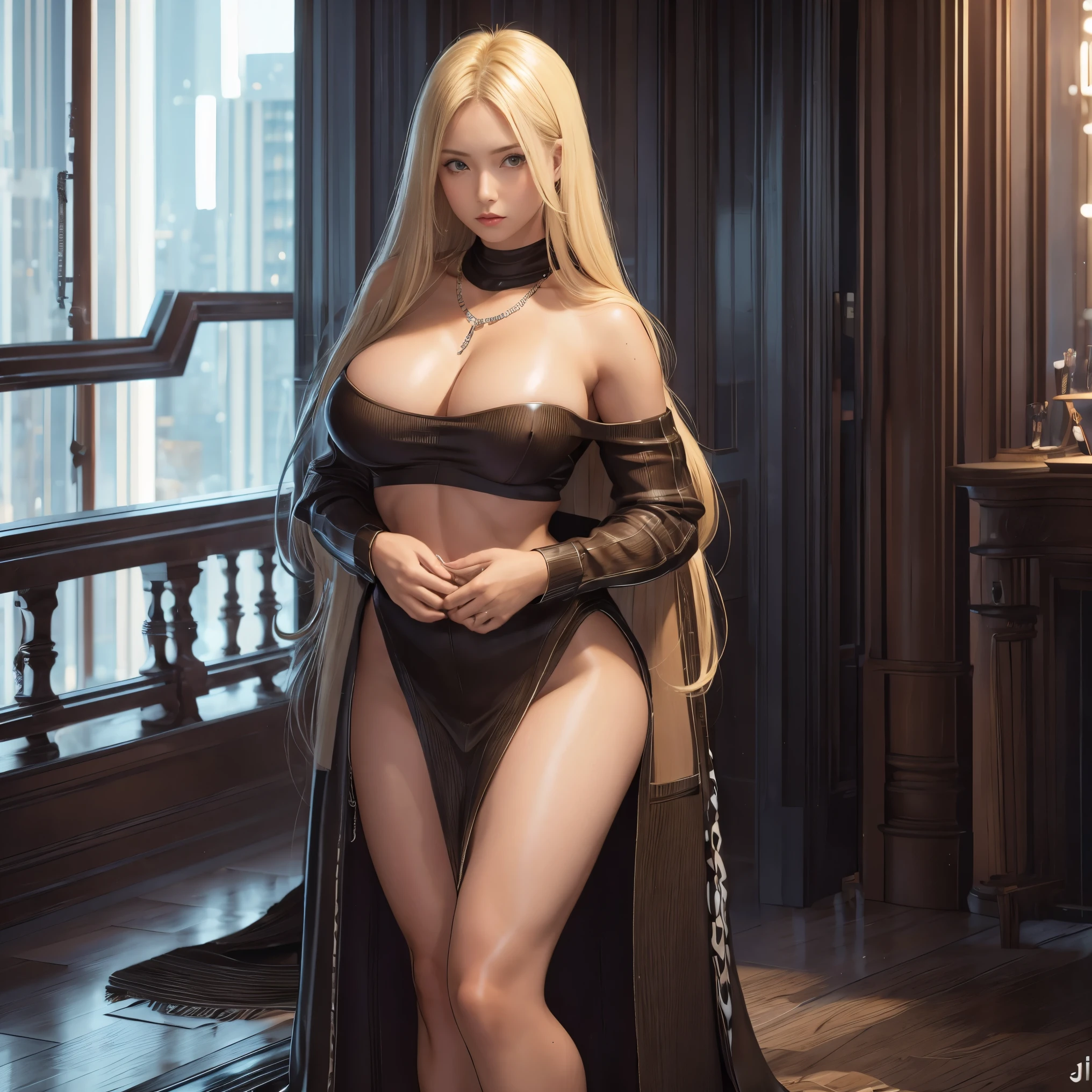 1girl in, age19, Solo, Long hair, Colossal , Looking at Viewer, blondehair, Bare shoulders, Brown eyes, jewely, Full body, a necklace, off shoulders, transparent tight shiny Sweaters , Realistic, A sexy