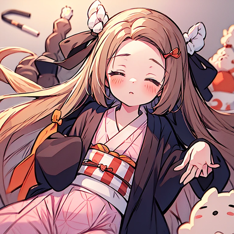 nezuko ((masterpiece))) girl with black to orange hair, bamboo mouthpiece, chibi and cute, sleeping peacefully, sleeping peacefully, pink hair ribbon, pink kimono, best quality, calm atmosphere, atmospheric, sleeping