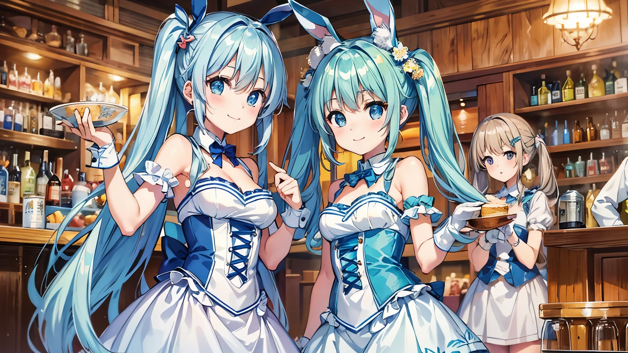 light blue long hair、Beautiful girls with twin tails、A happy smile、With Friends、Indoor bar,people々Group of,There are also toasts and bunny girls、celebration,raise your hand,