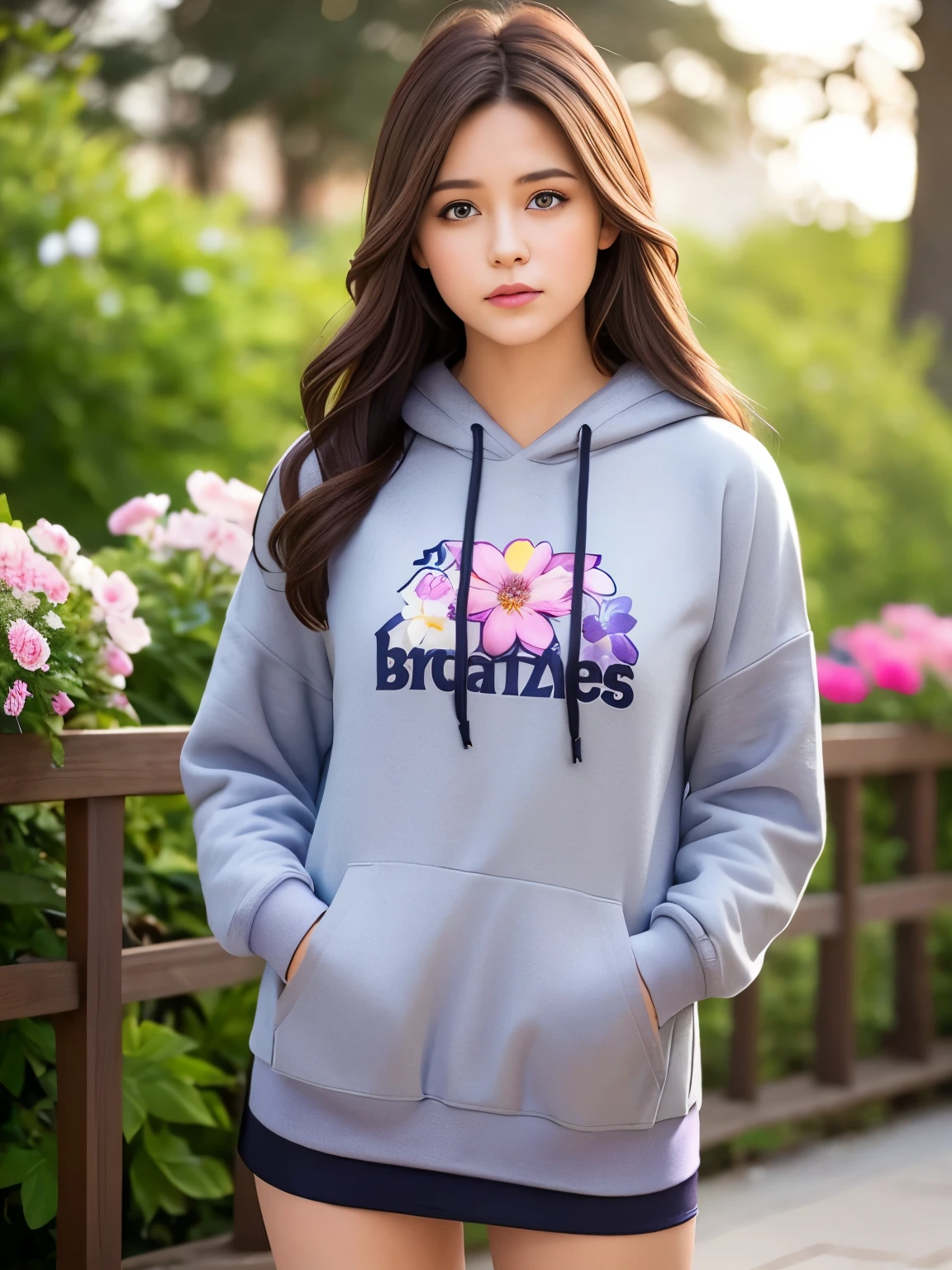 realistic, 1 girl, brown hair, purple eyes, shining eyes, gray hoodie, skirt, flowers in hair, sun, sunlight, serious face