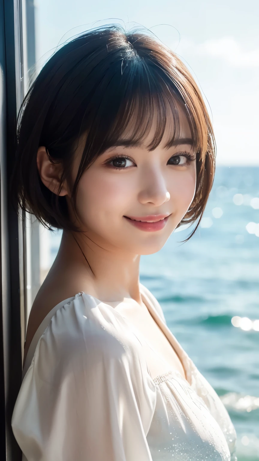 (highest quality,masterpiece:1.3,ultra high resolution),(Super detailed,caustics,8K),(realistic:1.4,RAW shooting),[roller:Shiita Keai:0.5],Japanese,28 years old,cute,(Looking at camera with a smile),(Black hair fluttering in the wind:1.1),short hair,natural makeup,(big ),white blouse,(bust up shot),The sea sparkles reflecting the sunlight,warm light,Natural light,professional writing