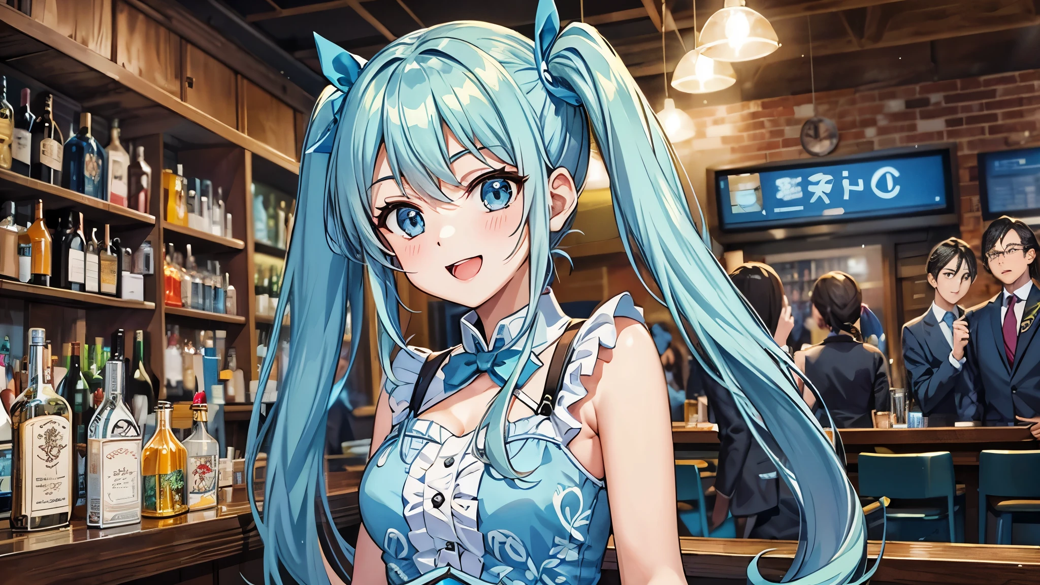 light blue long hair、Beautiful girl with twin tails、A happy smile、With Friends、Indoor bar,people々Group of,Cheers and celebration,raise your hand,clenched fist