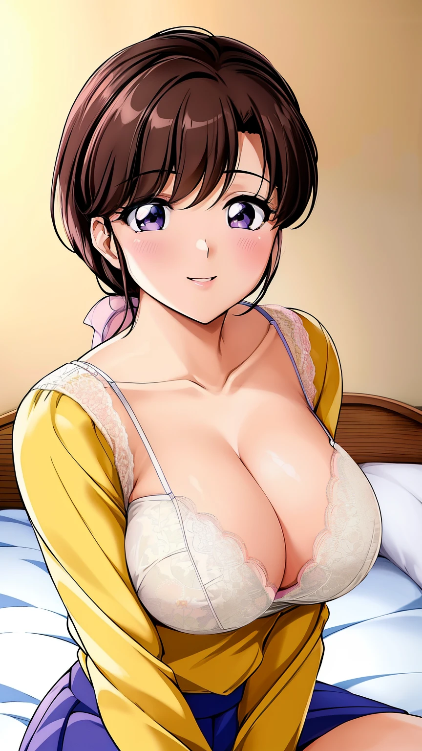 tendou_kasumi, Yellow_Shirt_blue_high-waist_skirt, solo, large breasts,, masterpiece, best quality, detailed face,(pink lace bra), detailed eyes, highres,perfect face, perfect body,big tits,smiling, sitting,upper body,cleavage, lying on bed, ((show tits)),perfect tits