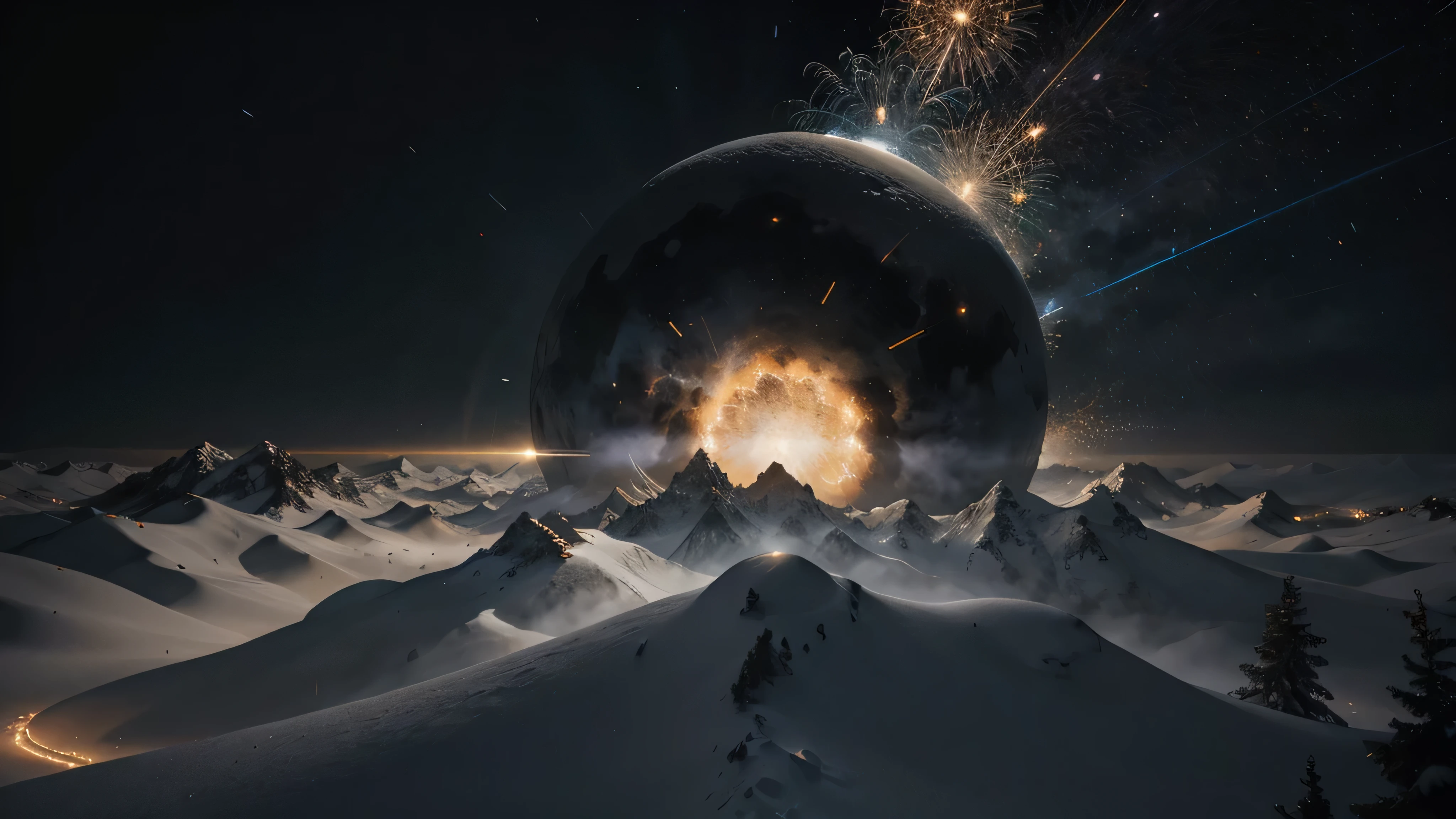 raw photo, black and yellow big fluffy ball and white snowflakes around, neon sparks fly, snow-capped mountains and forests behind, , Dark sky, nebula, galaxy, Focus, ultra-high quality, ultra-detailed Focus, high detail, 8K, photorealistic, Dazzling, Rule of thirds, depth of field, complex parts, Conceptual art, bright colors, futuristic design, Attention to detail, grandeur and awe, A stunning visual masterpiece, hard light,