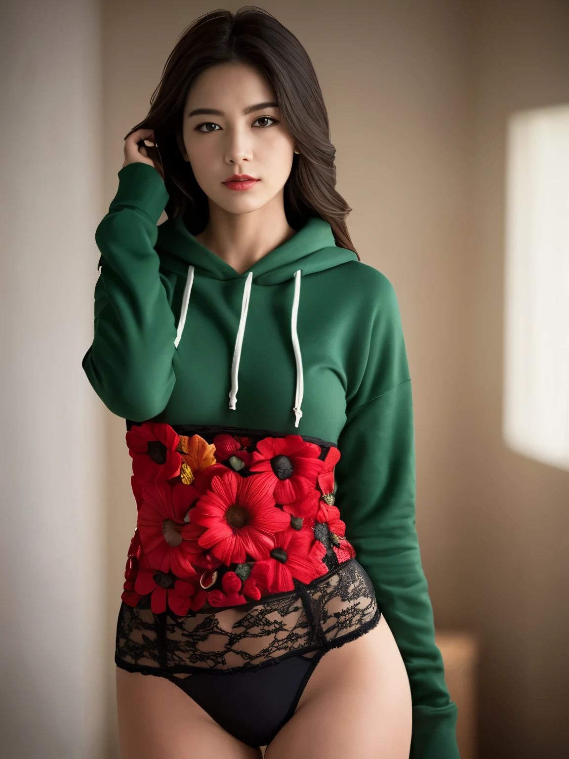 ((masterpiece, highest quality,photograph, fine skin, realistic, photo-realistic, 8K, very detailed, full length frame, High detail RAW color art, diffused soft lighting, shallow depth of field, sharp focus, hyper realism, cinematic lighting,close)) green hoodie,edge cokeen, woman inside ((black lingerie))_green hoodie posing for a picture ,wearing edge cokeen_green hoodie, red flower embroidery,