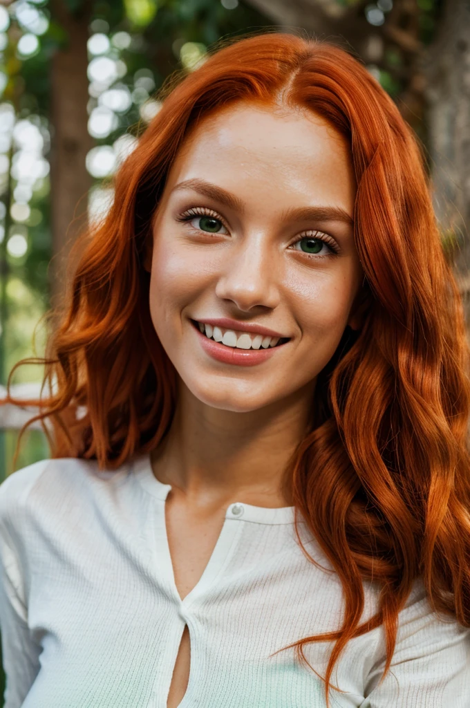 create the face of a 23 year old latina girl with long curly red hair, white teeth, full lips, green eyes, thin face, long neck, sexy look, close up, retina, ccurate, anatomically correct, textured skin, super detail, high quality, award winning, highres, 4K, masterpiece