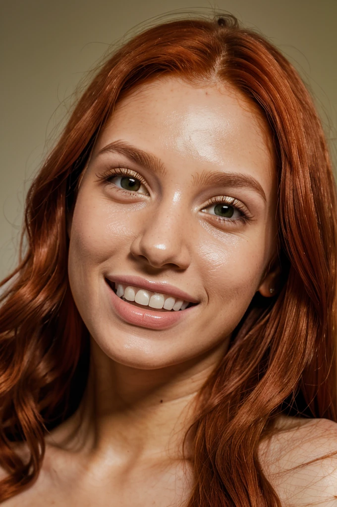 (Full body photograph of a slim, young and super cute Irish redhead with very small waist with dark theme), (short hair tied up), (thin nose, realistic freckles), full lips, ((lustful and seductive smile, wide and sensual look, perfect teeth)), erotic pose. (naked big pointy natural breasts), ((hard nipples with realistic details, real skin, real nipples, perfect nipples, big nipples, epic details on the nipple areola)), ((slim body, wide hips)), eyes green, highly detailed eyes, (eye detail: 1), (realistic skin, epic realism, RAW photography, realistic skin, epic realism, HDR: 1.5, epic skin detail, porous skin, goosebumps, with German features. ) ((Photorealistic): 1.1), dark background, Canon 5D, 8mm film grain, realistic shading, ((perfect pussy shape, red pubic hair)), (skin: 1.5),