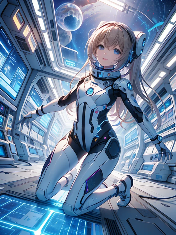 beautiful feet, trickle, white background, The art work is, Includes lots of vibrant colors and blurry surreal details, Scattered beneath the surface, Highly detailed focus, realistic, Humanity, (best quality), slave collar, and the tongue sticks out, scream, sweat legs, royal sister, Ripe body, 4K, White, plump and delicate body, plump ass，cute女の子のダイナミックなポーズ, She wears a form-fitting, Immediately grab attention, Shimmers in different neon colors when exposed to light, It is a small LED light that flashes to an invisible beat, そして遊び心のあるlaughterが彼女の唇を飾ります, With background: Hype Color – Neon Pink, and deep yellow, Create an energetic vortex, White lightning streaks zigzagging across the background, 最high quality、best image quality、masterpiece、woman((18-year-old、cute、blonde、long hair、Black Robot Armor、Luminescent chest parts、Gold Arm、big bust、Bust 95、wide open chest、Slender、laughter、cyber eyes、Show the whole body、beam effect))、high quality、Depth of bounds written、((Inside the spaceship)), (Outside the window, space, Earth from space, spaceport)、With background((Cyberworld))、depth((Computer mass))