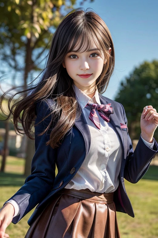 table top, highest quality, figure, super detailed, finely, High resolution, 8k wallpaper, 完璧なダイナミックな構figure, beautiful and fine eyes,natural color lip, random sexy poses,look at the camera,table top, highest quality, figure, super detailed, finely, High resolution, 8k wallpaper, 完璧なダイナミックな構figure, beautiful and fine eyes,medium hair, natural color lip,smile,(Wearing a brown school blazer uniform:1.3),(long hair:1.3),standing in the park,(The wind blows and lifts up my brown skirt,I can see your panties:1.6),cowboy_shot,14 year old girl,Backlight