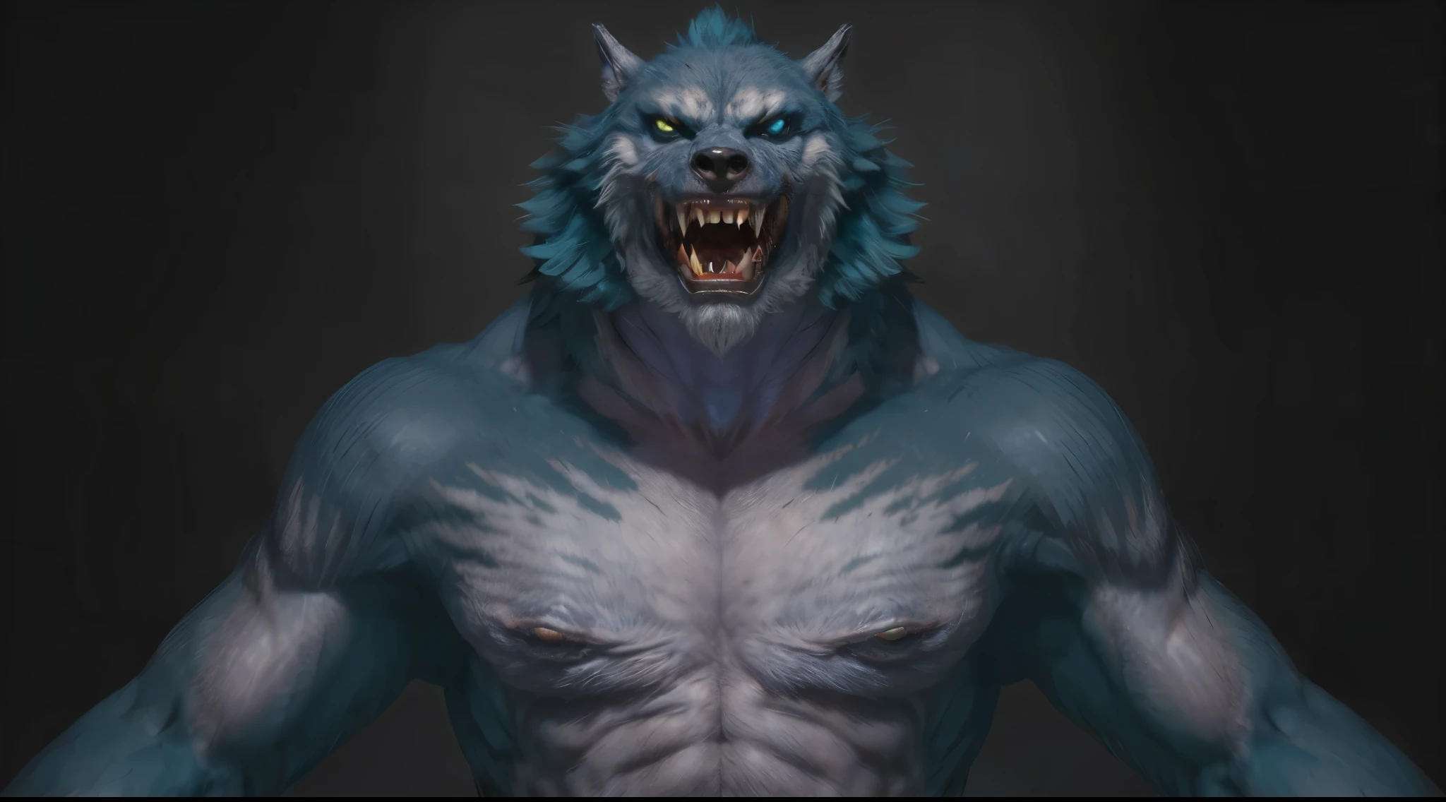 (masterpiece),(best quality:1.0),(ultra high resolution:1.0), monster, werewolf, menacing look, claws, fangs, blue eyes , hair on the body, wolfteam, face focus, 8k wallpaper, full body
