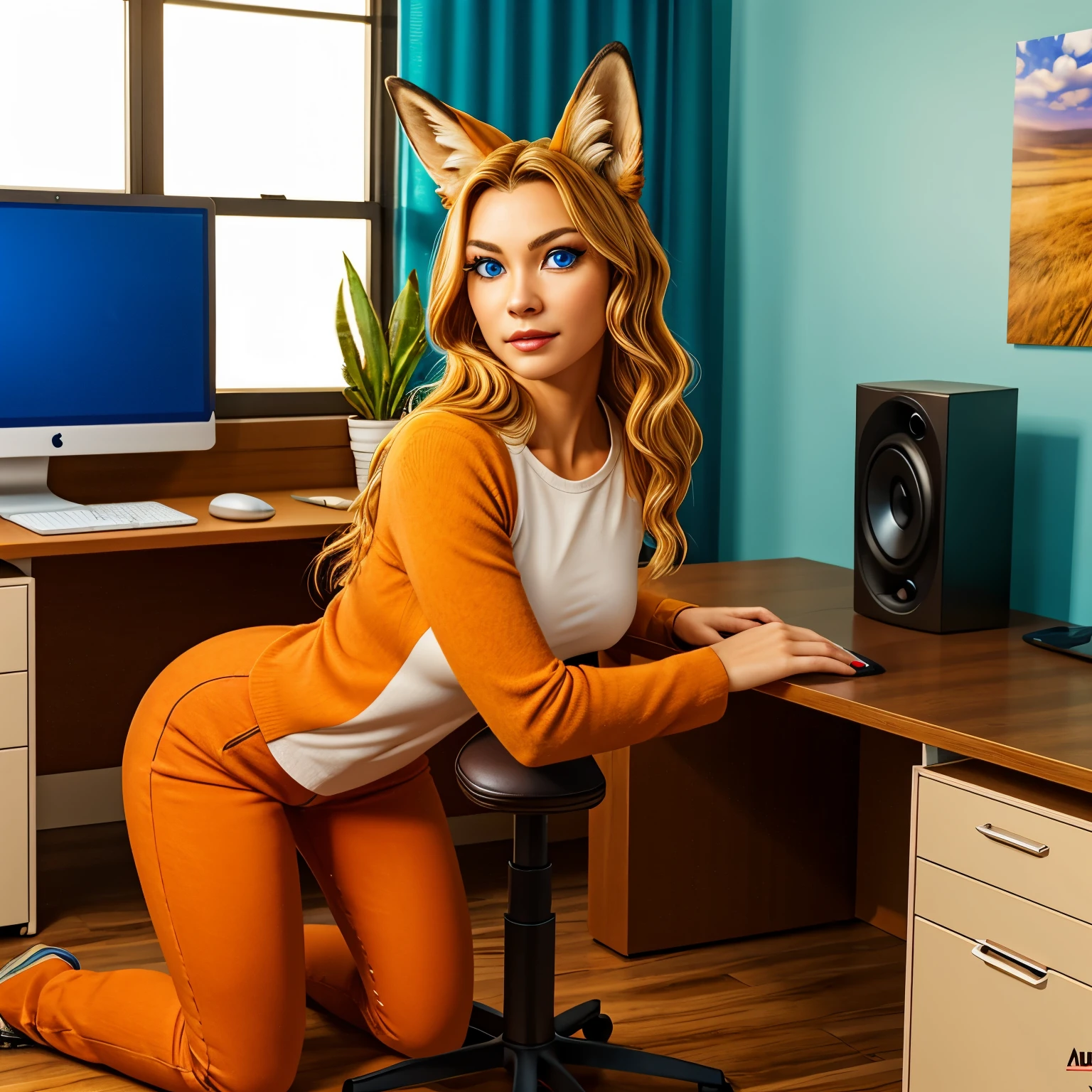 ((best quality)), ((masterpiece)), (detailed), perfect face, A photorealistic picture of a woman with a realistic human face and fox features, posed in a fotostudio. She has deep blue eyes, long wavy blonde hair, and prominent fox ears. Her body combines human and fox traits, covered in orange and white fur. She is positioned kneeling on a desk with her hands placed on the surface, turning her head to look directly at the viewer. The office environment includes computers, a swivel chair, and a window with daylight. amuranth. pussy,