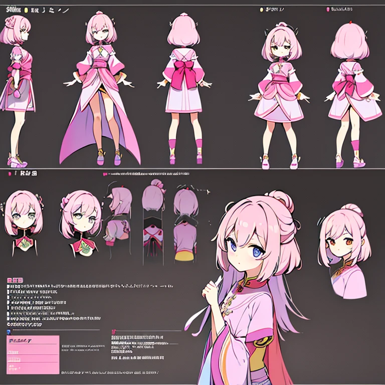 Personagem feminino da china ,cabelo longo,cheio e ondulado de cor castanho escuro, seus olhos castanhos escuro, cor da pele parda, in anime version, de cores das veste branca, with pink and lilac details, em desenho flores, uma personagem feminina estilo anime e uma mestra de bombas Model sheet.