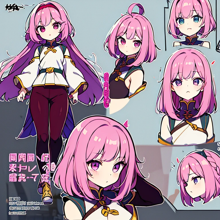 Personagem feminino da china ,cabelo longo,cheio e ondulado de cor castanho escuro, seus olhos castanhos escuro, cor da pele parda, in anime version, de cores das veste branca, with pink and lilac details, em desenho flores, uma personagem feminina estilo anime e uma mestra de bombas Model sheet.