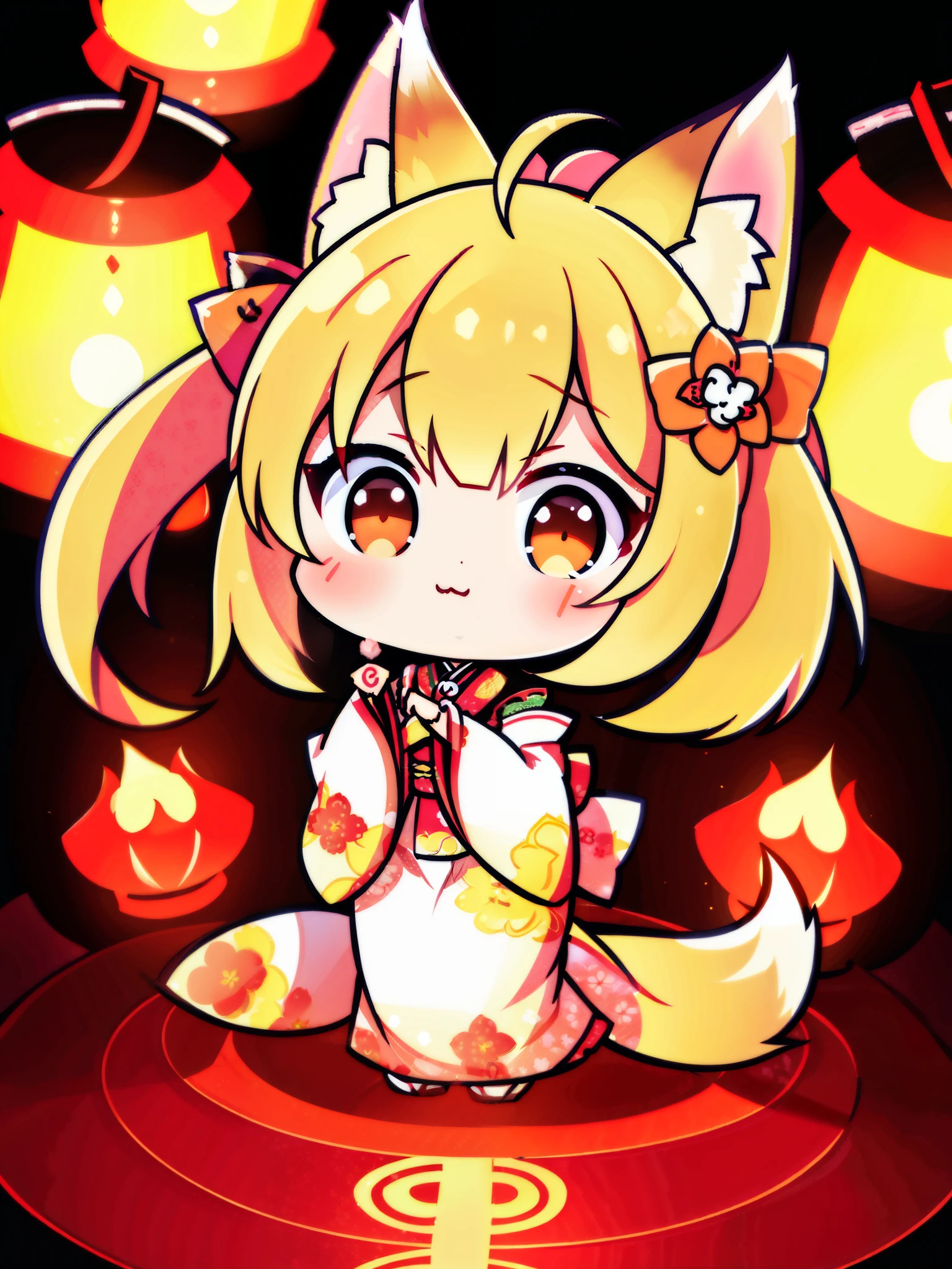 1 girl in、Blonde ponytail、Fox ears、Fox tail、Floral kimono,kitsune、kawaii、Chibi、Shrine with lanterns、shrine background、Chibi Chara、(High resolution of the highest quality),, nine tails