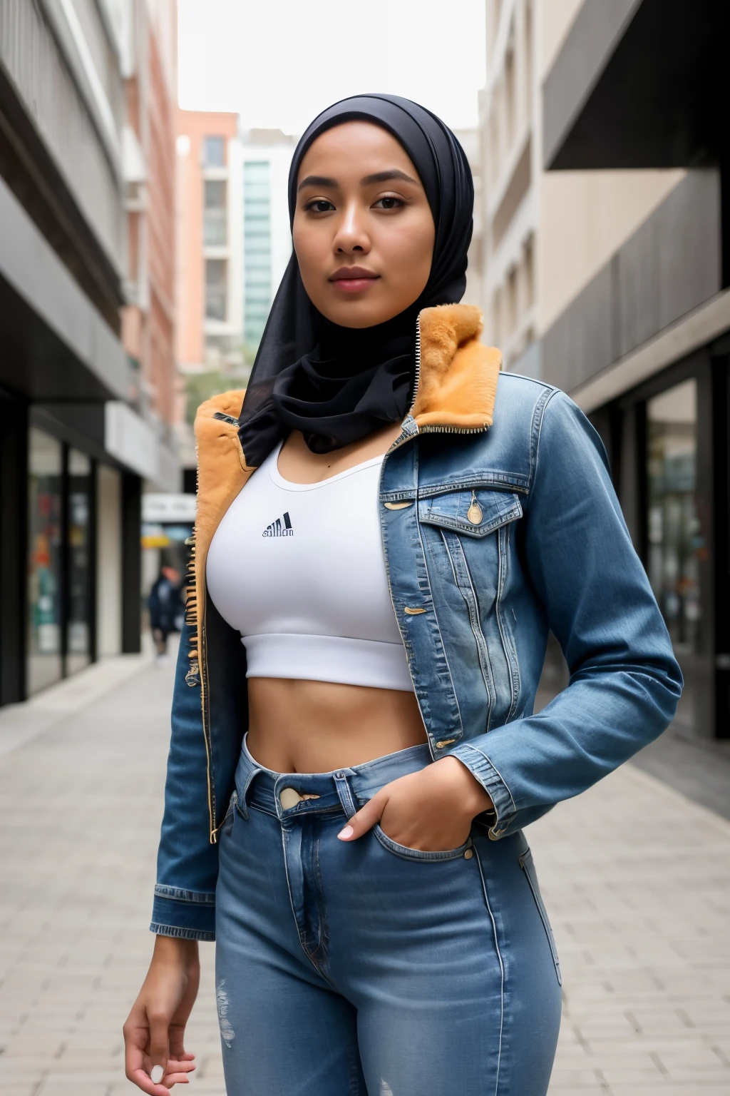 ((best quality)), ((masterpiece)), (detailed), perfect face , a photo of pretty malay hijab wearing sport bra and tight jean , jacket jean , perfect body , perfect breast , street view , full photo , high heel , ultra realistic , 4k uhd