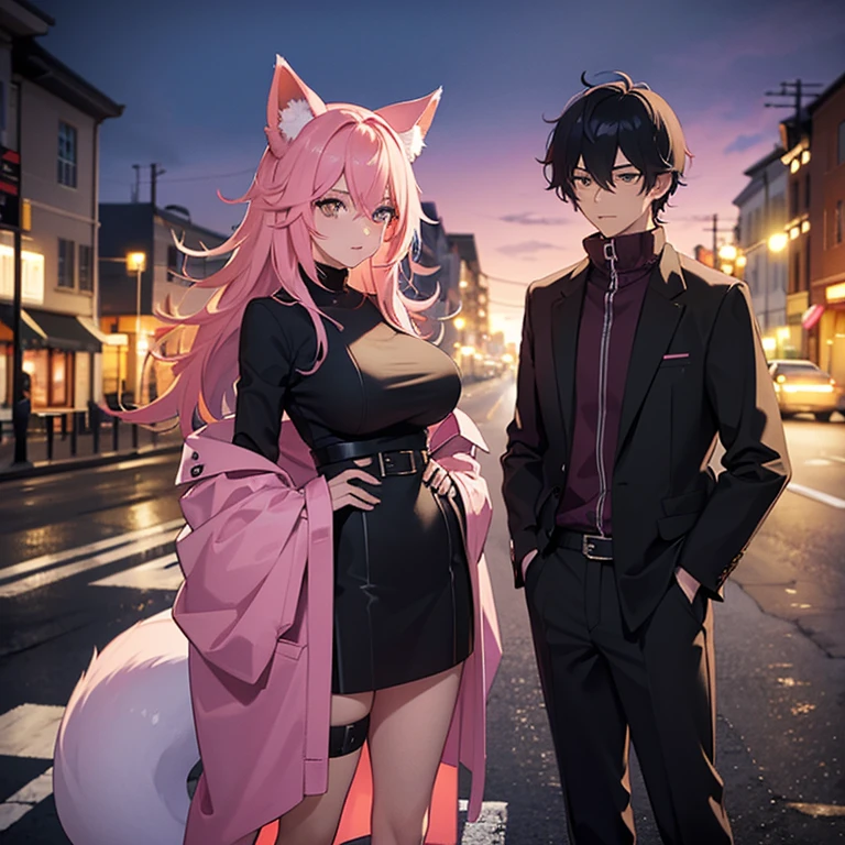 A woman with pink hair, has fox ears, Wear a jacket that covers your head, the woman has big breasts, Standing on the bridge leading to the road at night, Beside him was a man with short black hair, The man's skin color is a little dark, The man is tall.