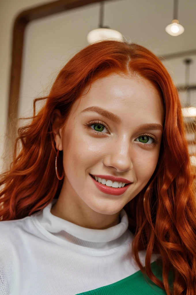 create the face of a 23 year old latina girl with long curly red hair, white teeth, red full lips, green eyes, thin face, long neck, sexy look, close up, UHD, retina, masterpiece, ccurate, anatomically correct, super detail, award winning, high quality, 4K, highres