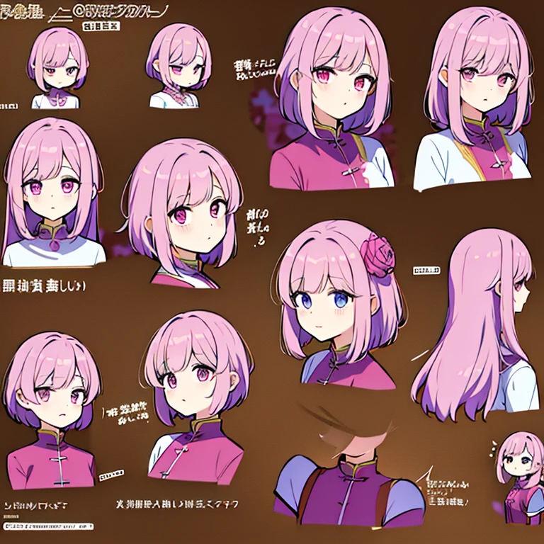 Personagem feminino chinesa,cabelo longo,cheio e ondulado de cor castanho escuro, seus olhos castanhos escuro, cor da pele parda, in anime version, de cores das veste branca, with pink and lilac details, em desenho flores, uma personagem feminina estilo anime e uma mestra de bombas Model sheet.