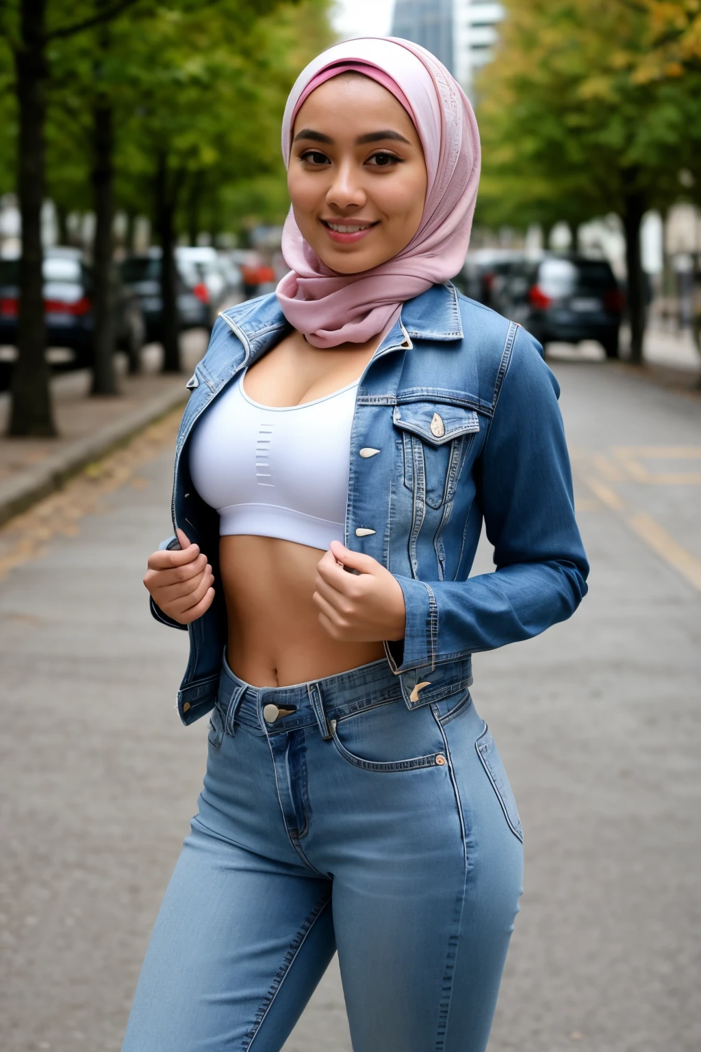 ((best quality)), ((masterpiece)), (detailed), perfect face , a photo of pretty malay hijab wearing sport bra and tight jean , jacket jean , perfect body , perfect breast , street view